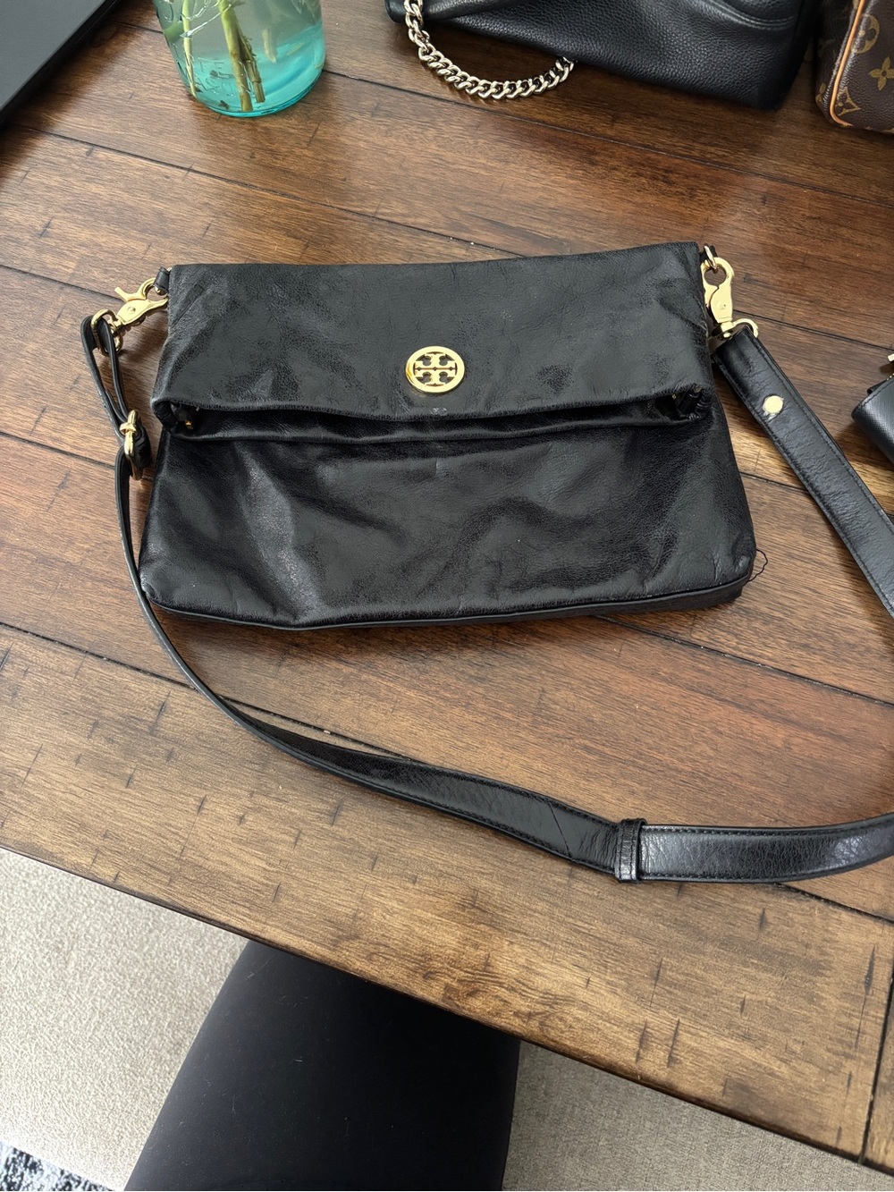 Tory Burch Black Leather Fold-Over Crossbody with Gold Hardware
